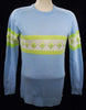 Girl's powder-blue angora crewneck sweater with white and lime green geometric design