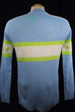 Girl's powder-blue angora crewneck sweater with white and lime green design, medium size
