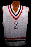 Men's USA Olympics cable-knit sleeveless tennis sweater vest by Polo Ralph Lauren in white with red, black, and white striped trim and embroidered Olympic logo.