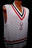 Men's USA Olympics sleeveless cable-knit tennis sweater vest by Polo Ralph Lauren in white with red and navy stripes and embroidered Olympic logo