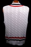Men's white cable-knit sleeveless tennis sweater vest with red and black stripes by Polo Ralph Lauren, USA Olympics design.