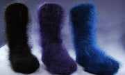 Hand-knit thick and warm mohair socks in black, purple, and navy blue colors