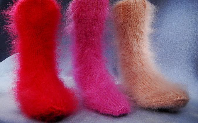 Thick hand-knit mohair socks in red pink and beige, warm fuzzy winter footwear