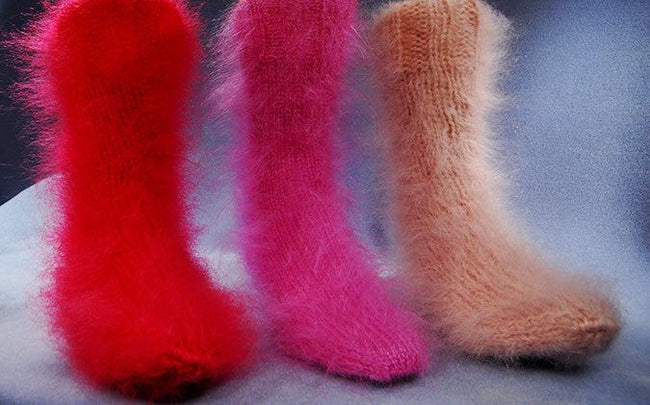 Thick hand-knit mohair socks in red pink and beige, warm fuzzy winter footwear