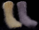Hand-knit thick warm fuzzy mohair socks in cream and lavender colors on black background