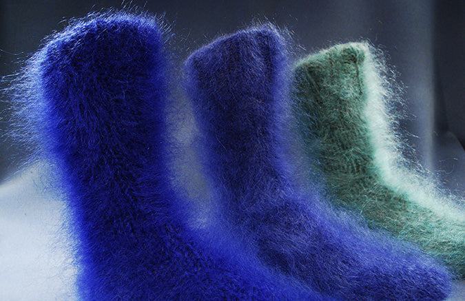 Hand-knit thick and warm mohair socks in navy blue, purple, and green colors