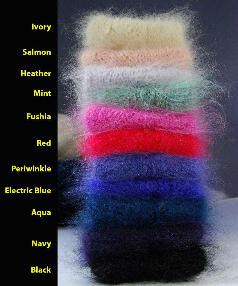 Stack of hand-knit thick and warm mohair socks in various colors including navy blue, aqua, electric blue, periwinkle, red, fuchsia, mint, heather, salmon, ivory, and black