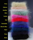 Stack of hand-knit thick and warm mohair socks in various colors including navy blue, aqua, electric blue, periwinkle, red, fuchsia, mint, heather, salmon, ivory, and black