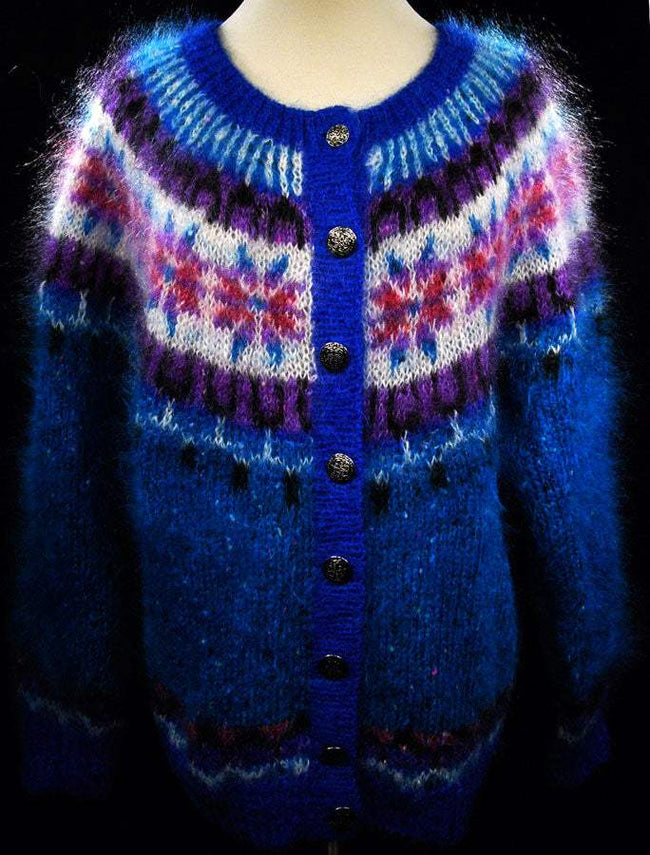 Colorful woman's mohair cardigan sweater with Icelandic design and metal buttons