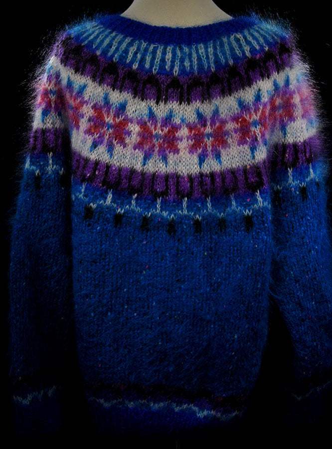 Colorful woman's mohair cardigan sweater with Icelandic design and metal buttons