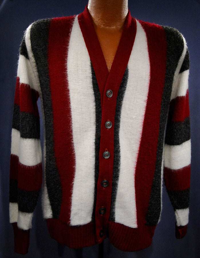 Men's retro striped red white grey faux mohair button-front cardigan sweater size small Brent