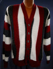 Men's retro striped red white grey faux mohair button-front cardigan sweater size small Brent