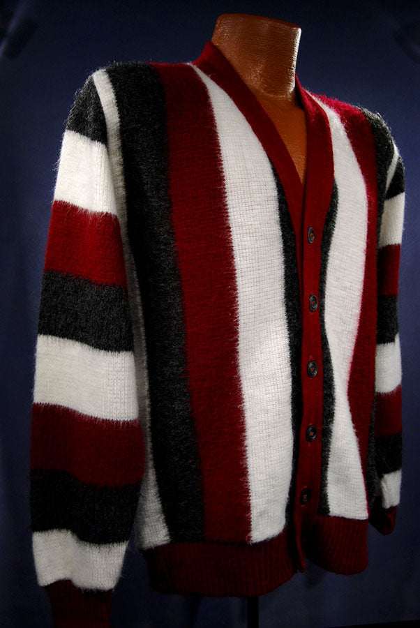 Men's retro striped red white grey faux mohair cardigan sweater button-front size small