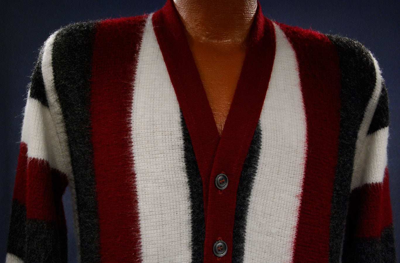 Men's retro striped red white grey faux mohair cardigan sweater size small by Brent