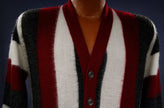 Men's retro striped red white grey faux mohair cardigan sweater size small by Brent