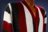 Men's retro striped red white grey faux-mohair cardigan sweater by Brent size small