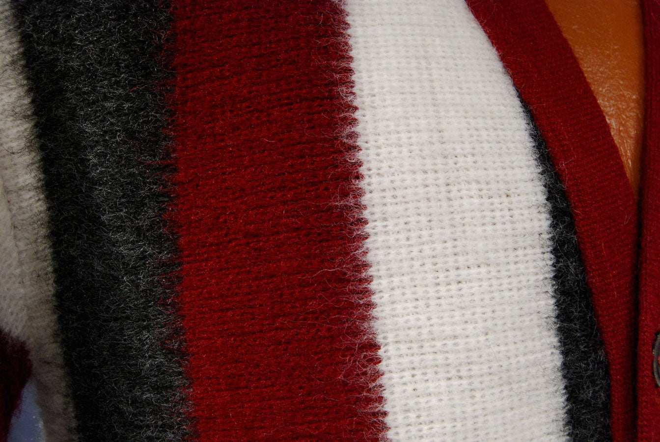 Men's retro striped red white grey faux mohair cardigan sweater front button small size
