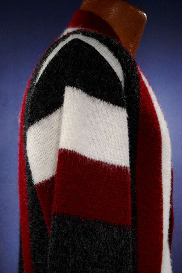 Men's retro striped red white grey faux mohair cardigan sweater size small by Brent