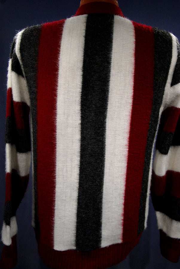 Men's retro striped red white grey faux-mohair cardigan sweater button-front size small