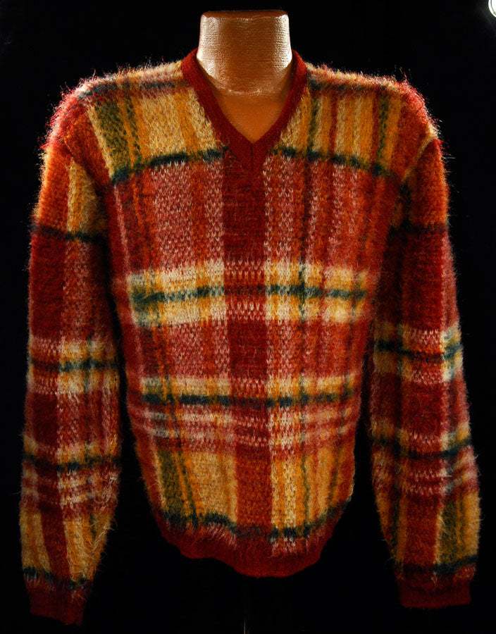 Vintage mohair sweater with classic retro shaggy plaid pattern and V-neck design