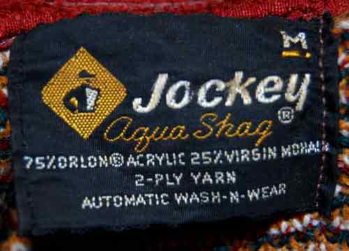 Jockey Aqua Shag mohair sweater label showing 75% acrylic 25% virgin mohair blend and care instructions