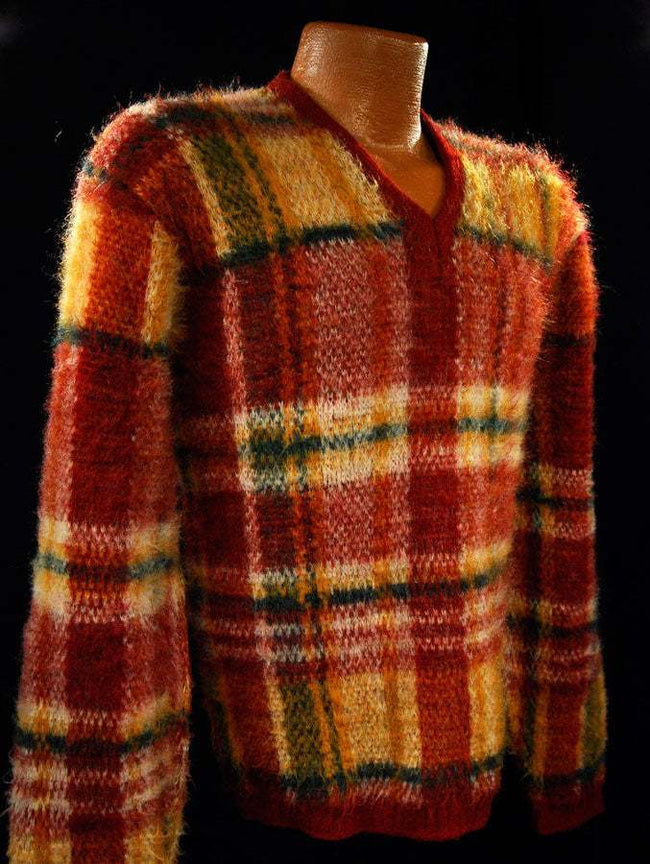 Vintage mohair sweater with shaggy plaid pattern and V-neck design