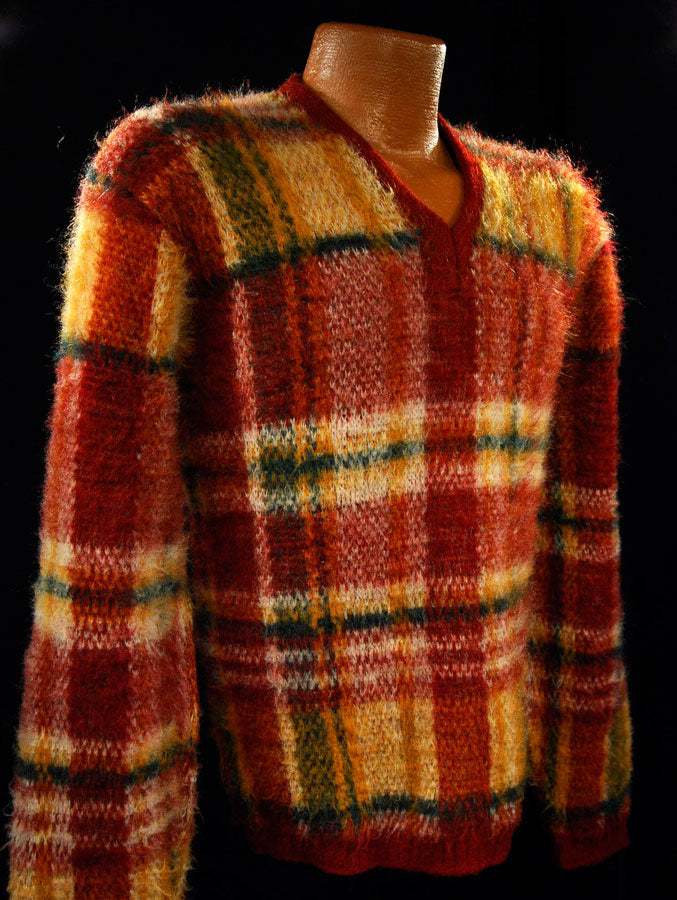 Vintage mohair sweater with shaggy plaid pattern and V-neck design