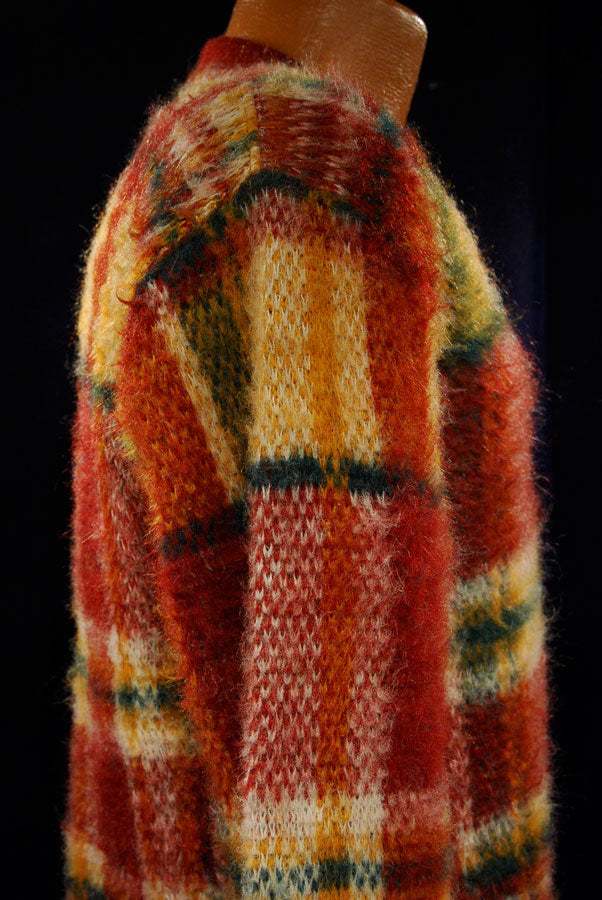 Vintage retro mohair sweater with shaggy plaid pattern and V-neck design