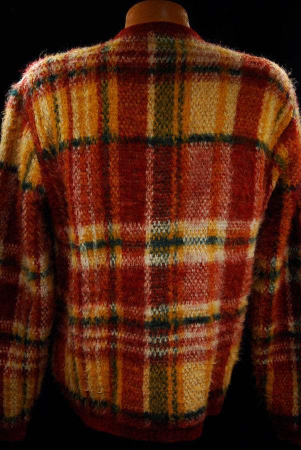 Vintage mohair sweater with classic retro shaggy plaid and V-neck design