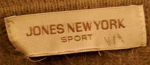 Jones New York Sport label on olive-green angora cardigan sweater