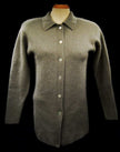 Woman's olive-green angora cardigan sweater-shirt with lapels and button-front closure, size 38.