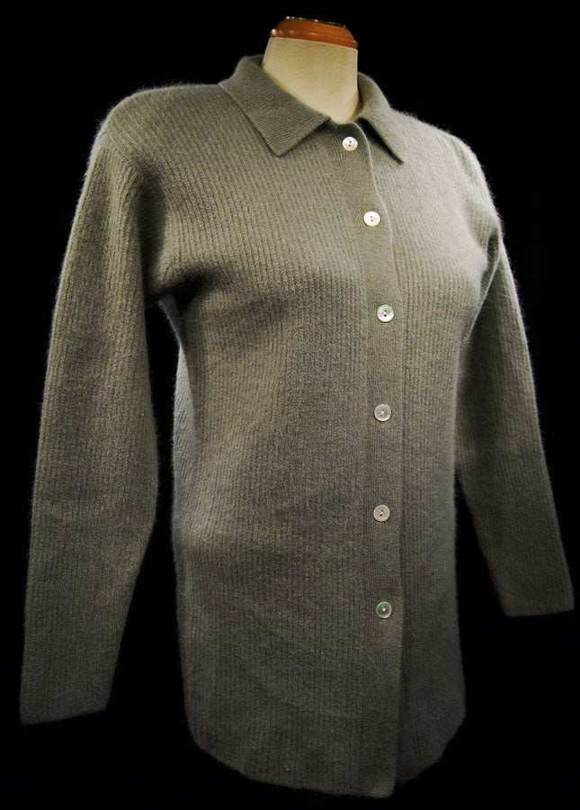 Olive-green angora cardigan sweater with button front and lapels by Jones New York, size 38
