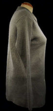 Side view of a woman's olive-green angora cardigan sweater-shirt with 3/4-length sleeves and lapels, size 38