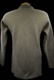 Back view of woman's olive-green angora cardigan sweater with lapels and 3/4-length sleeves
