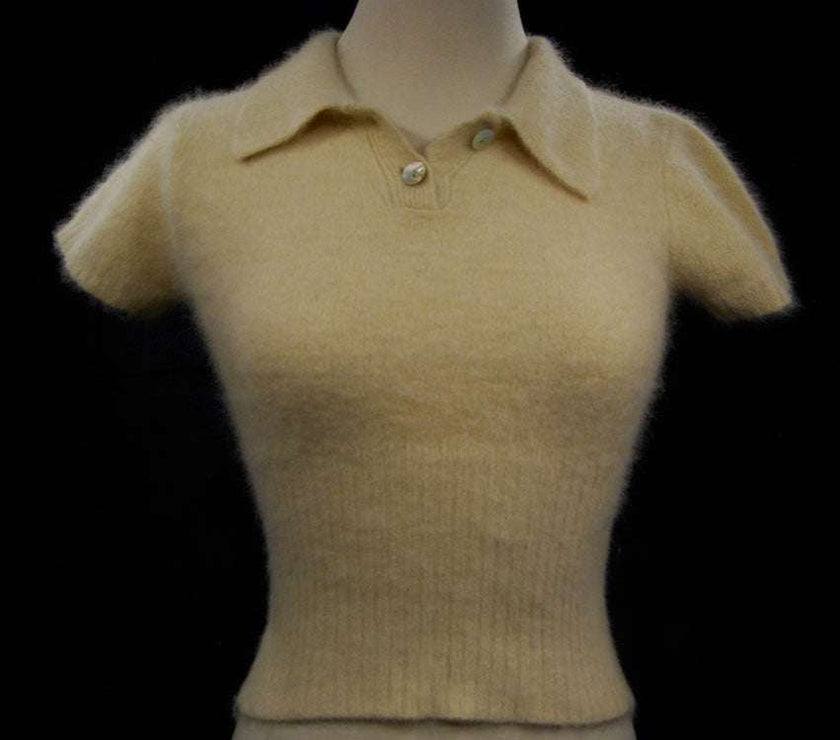Woman's short-sleeve polo-neck angora sweater by Express with cling-fit design