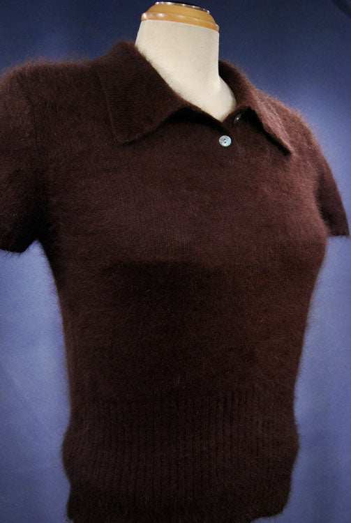Woman's short-sleeve polo-neck angora sweater by Express in cling-fit design