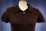 Woman wearing a cling-fit short-sleeve polo-neck angora sweater by Express