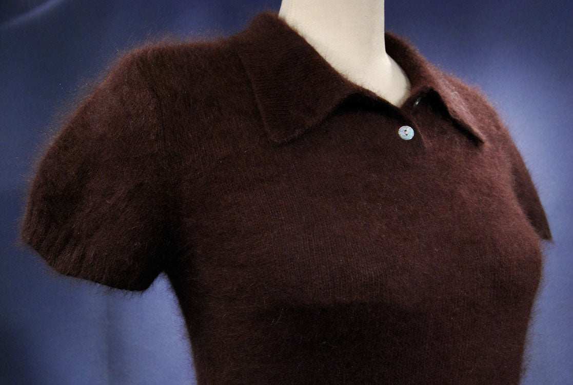 Woman's short-sleeve polo-neck angora sweater by Express cling-fit design