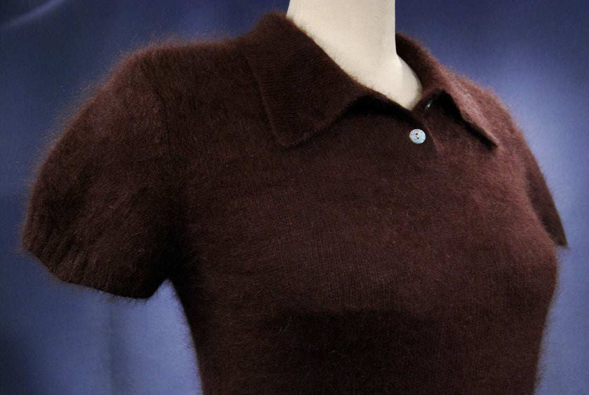 Woman's short-sleeve polo-neck angora sweater by Express cling-fit design