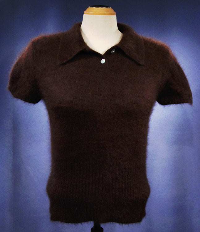 Woman's short-sleeve polo-neck angora sweater by Express, cling-fit design