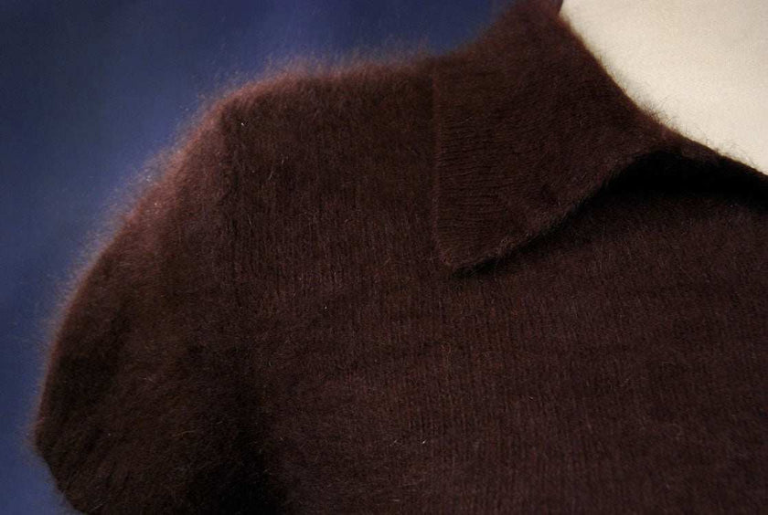 Woman's short-sleeve polo-neck angora sweater by Express with cling-fit design