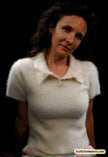 Woman's short-sleeve polo-neck angora sweater by Express with cling-fit design and soft texture