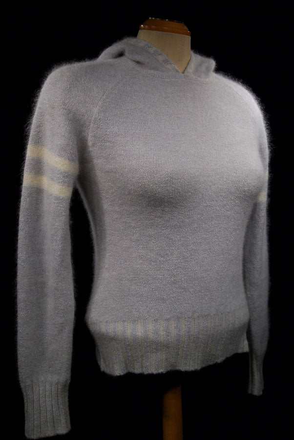 Girl's powder-blue angora sport jacket hoodie with hood and striped sleeves by Bebe Sports