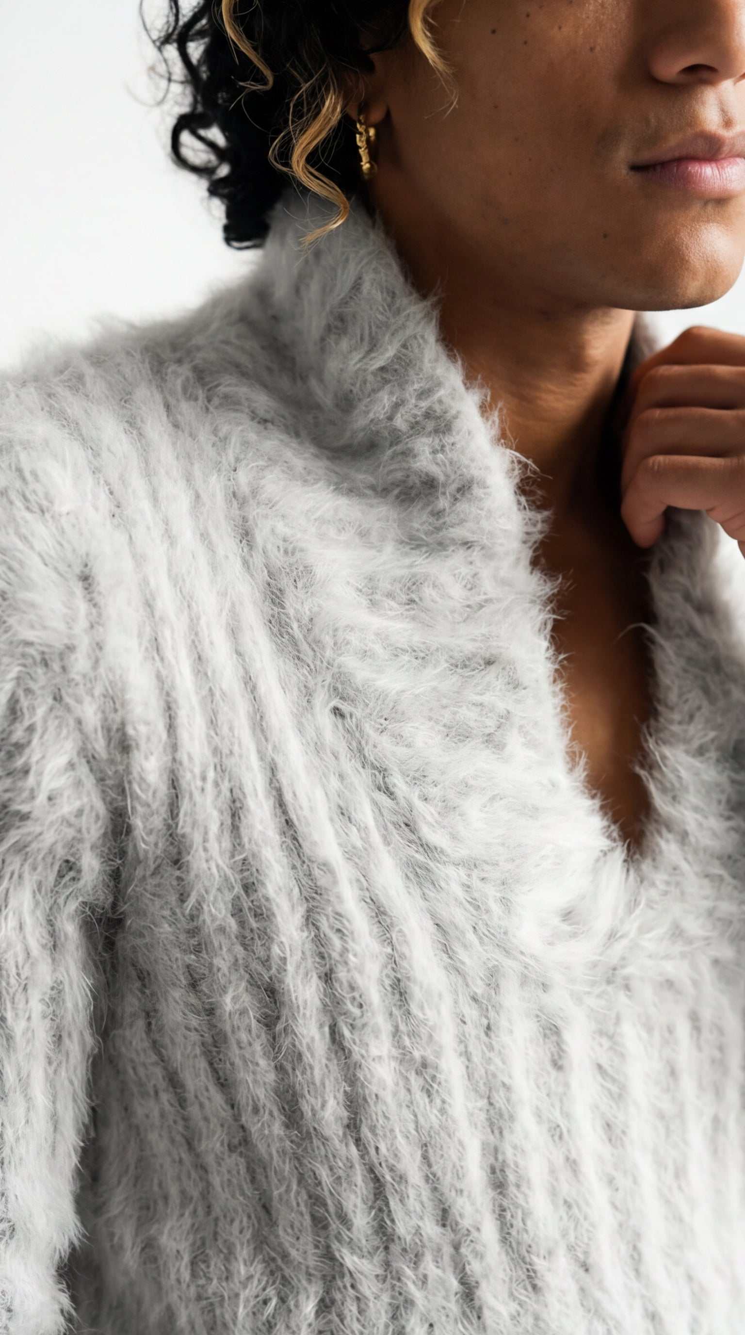 Men's GUCCI shawl-neck angora sweater in rare design, soft and luxurious, available in limited stock.
