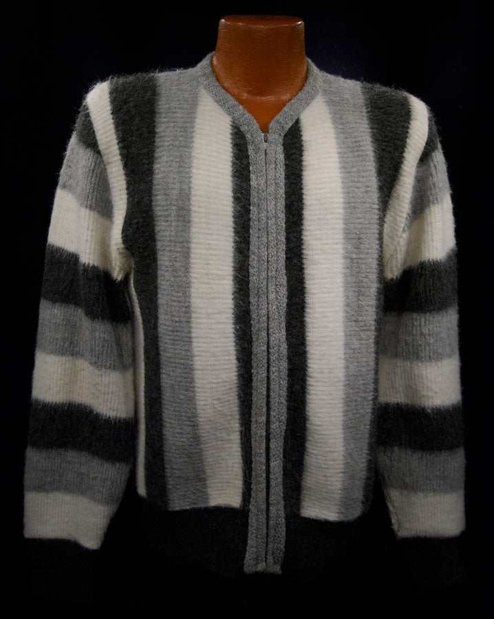 Men's retro zipper-front black grey white faux-mohair cardigan sweater by Brent Montgomery Ward in size small
