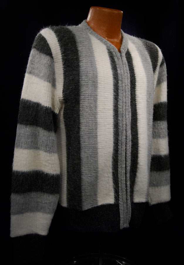 Men's Retro Zipper-front black grey white fuzzy cardigan sweater by Brent