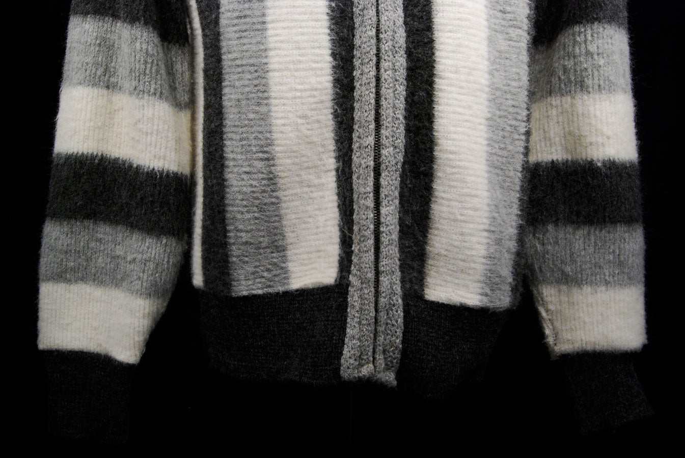 Men's retro zipper-front black grey white faux-mohair cardigan sweater by Brent Montgomery Ward small size