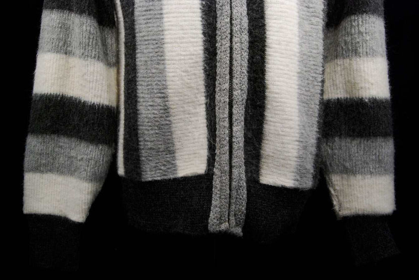 Men's retro zipper-front black grey white faux-mohair cardigan sweater by Brent Montgomery Ward small size