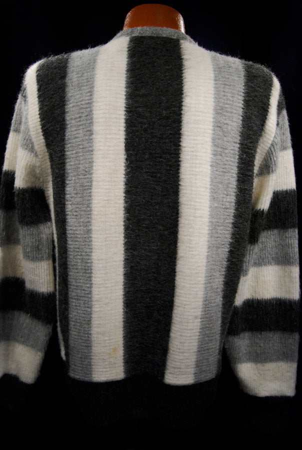 Men's retro zipper-front black grey white faux-mohair cardigan sweater by Brent Montgomery Ward small size