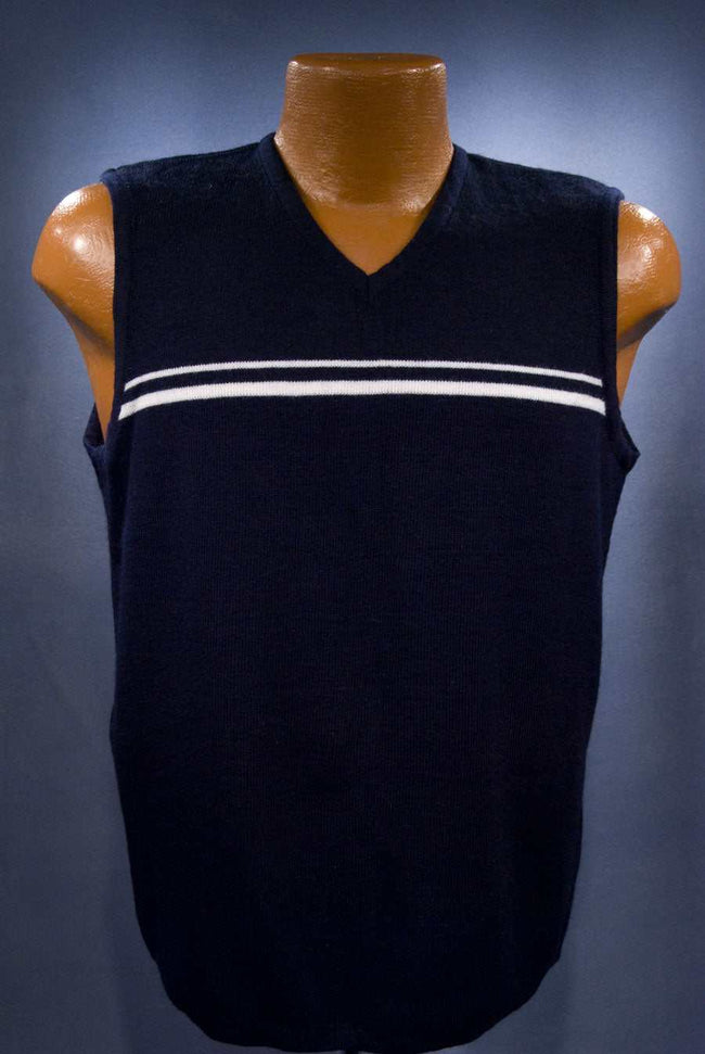 Men's retro blue sweater-vest with grey and white stripes by Bugle Boy, size small 40-42